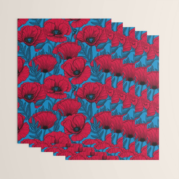 Red poppy garden on blue Wrapping Paper Gallery Image 3