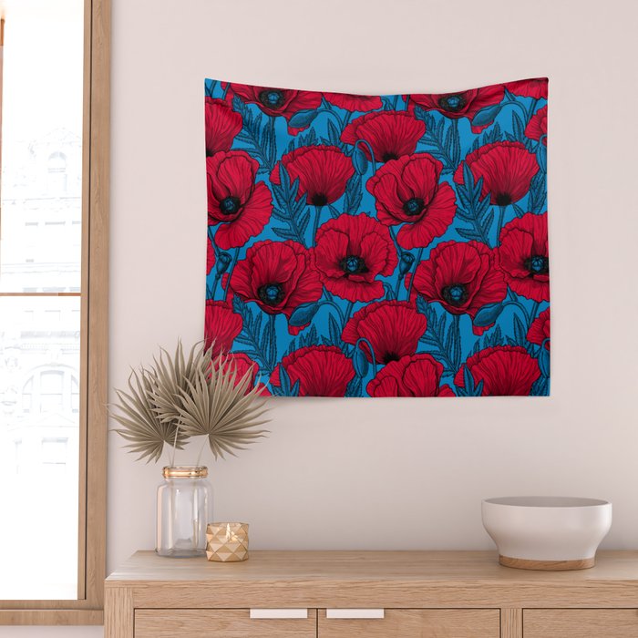 Red poppy garden on blue Wall Tapestry Gallery Image 2