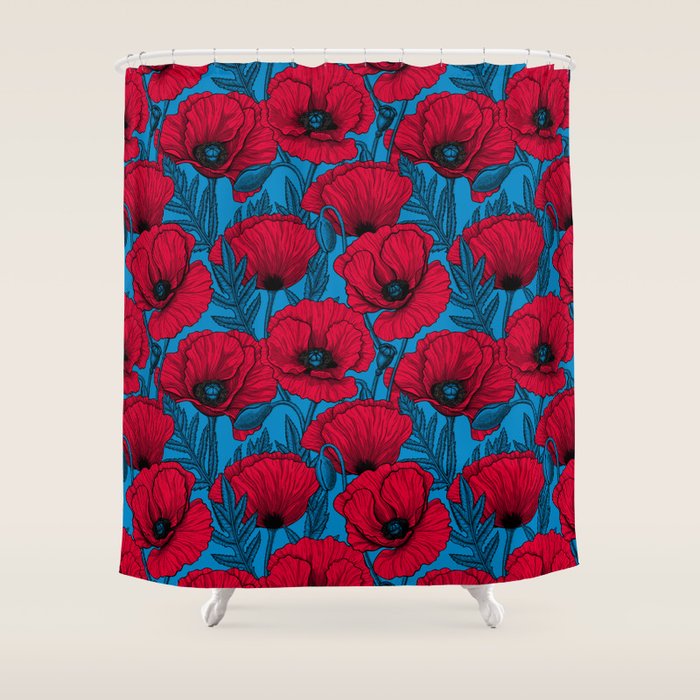 Red poppy garden on blue Shower Curtain Gallery Image 1