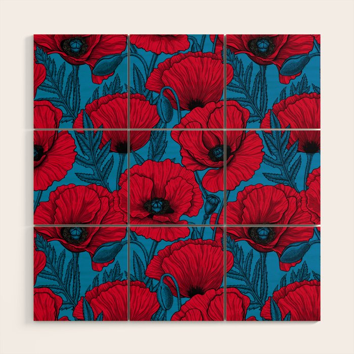 Red poppy garden on blue Wood Wall Art Gallery Image 1