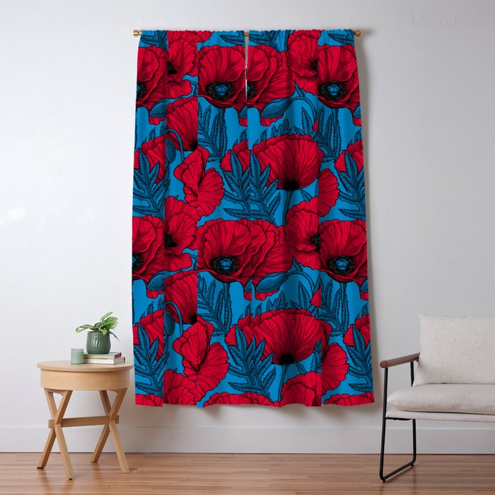 Red poppy garden on blue Window Curtain Gallery Image 1