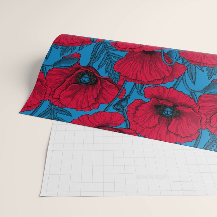 Red poppy garden on blue Wrapping Paper Gallery Image 2