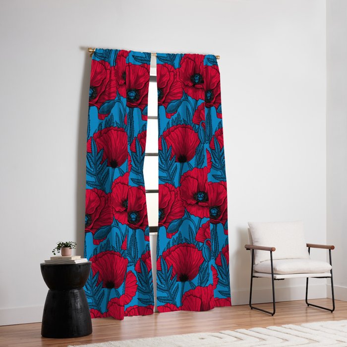 Red poppy garden on blue Window Curtain Gallery Image 2