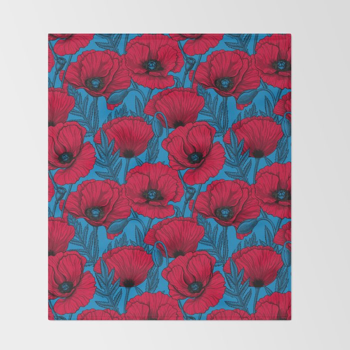 Red poppy garden on blue Throw Blanket Gallery Image 2