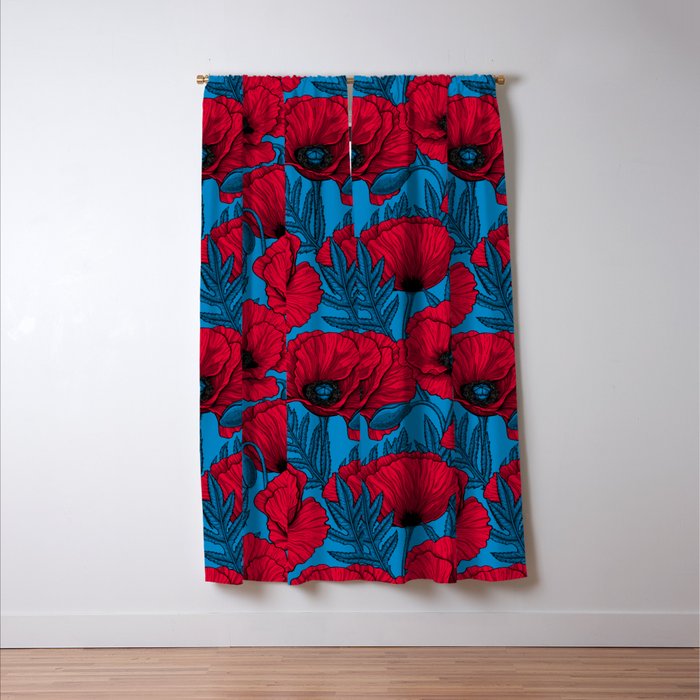 Red poppy garden on blue Window Curtain Gallery Image 3