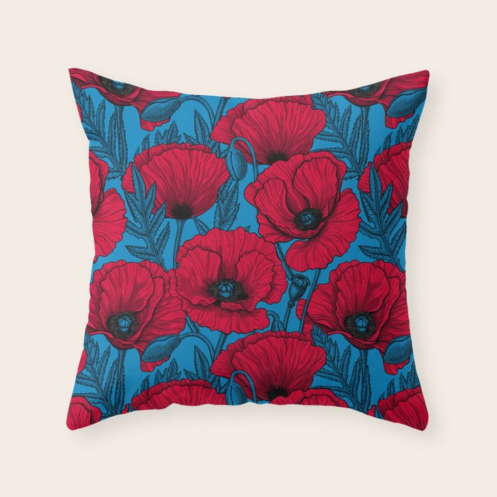 Red poppy garden on blue Throw Pillow Gallery Image 6