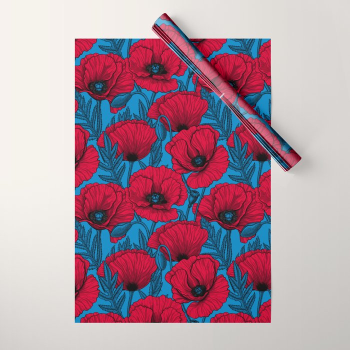 Red poppy garden on blue Wrapping Paper Gallery Image 1