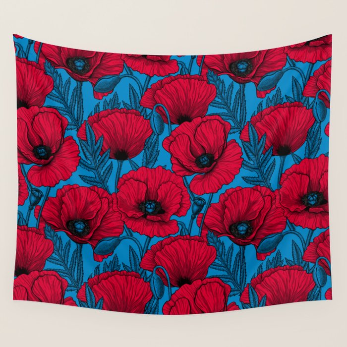 Red poppy garden on blue Wall Tapestry Gallery Image 1