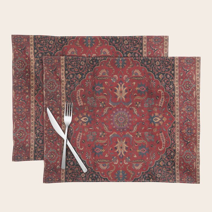 Antique Burgundy Wine Persian Mashad Oriental Rug Placemat