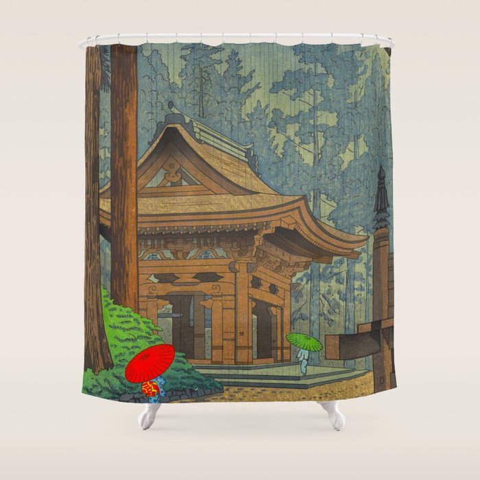 Asano Takeji Japanese Woodblock Print Vintage Mid Century Art Shinto Shrine Forest Shower Curtain Gallery Image 1