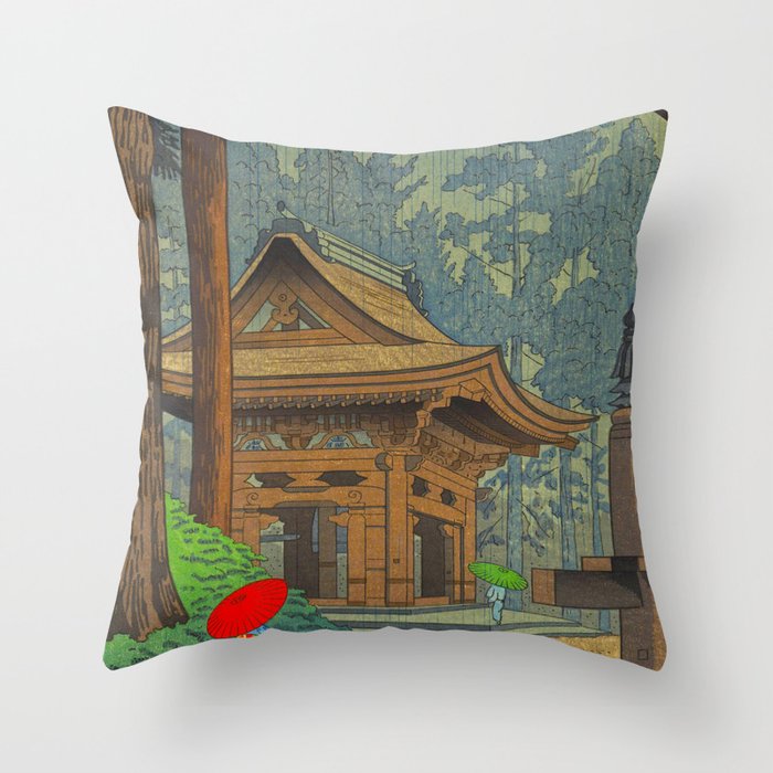 Asano Takeji Japanese Woodblock Print Vintage Mid Century Art Shinto Shrine Forest Throw Pillow Gallery Image 1