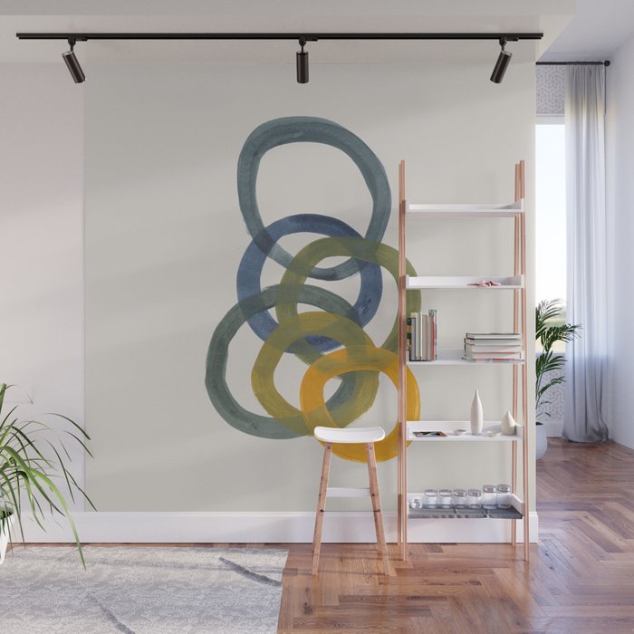 Minimalist Mid Century Modern Colorful Rings Navy Blue Yellow Olive Green Spirals by Ejaaz Haniff Wall Mural Gallery Image 1