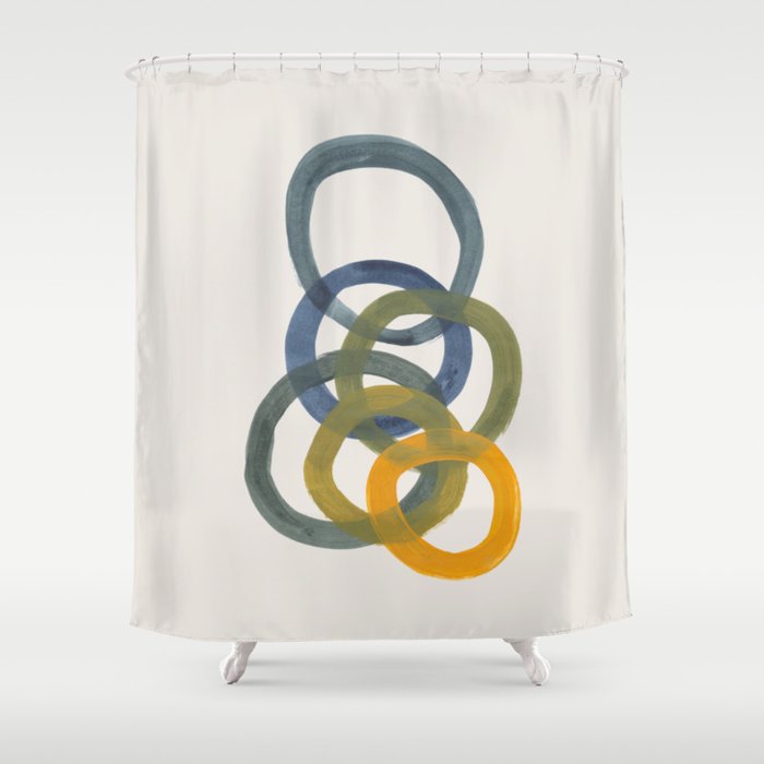 Minimalist Mid Century Modern Colorful Rings Navy Blue Yellow Olive Green Spirals by Ejaaz Haniff Shower Curtain Gallery Image 1