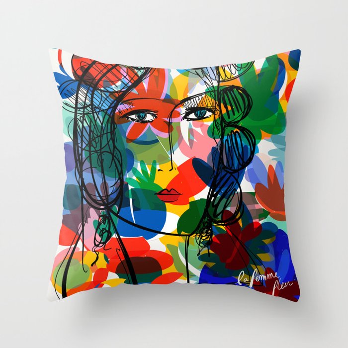 La femme aux fleurs portrait pop abstract by Emmanuel Signorino Throw Pillow Gallery Image 1