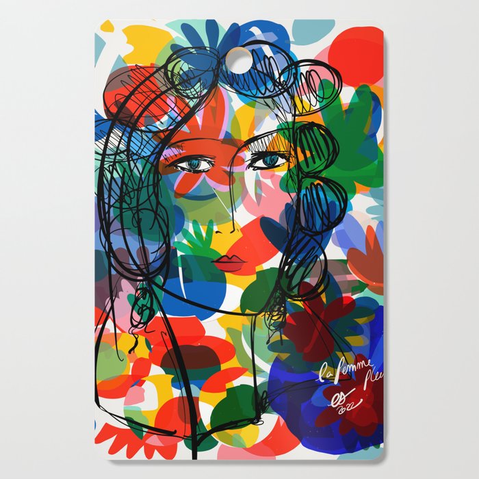 La femme aux fleurs portrait pop abstract by Emmanuel Signorino Cutting Board Gallery Image 1