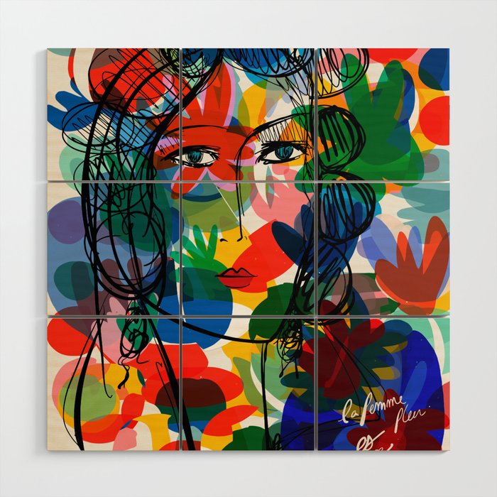 La femme aux fleurs portrait pop abstract by Emmanuel Signorino Wood Wall Art Gallery Image 1