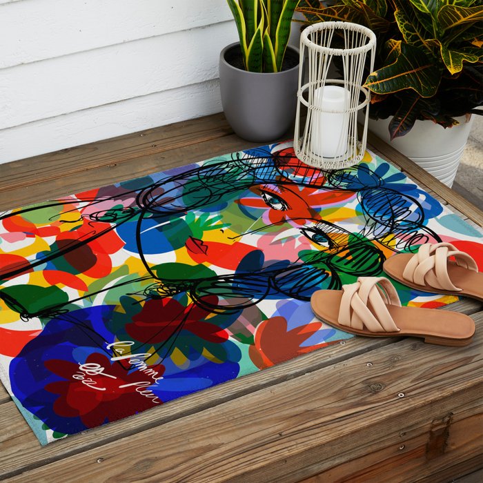 La femme aux fleurs portrait pop abstract by Emmanuel Signorino Outdoor Rug Gallery Image 2