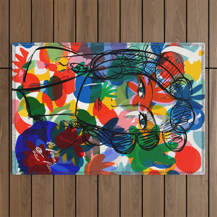 La femme aux fleurs portrait pop abstract by Emmanuel Signorino Outdoor Rug Gallery Image 1