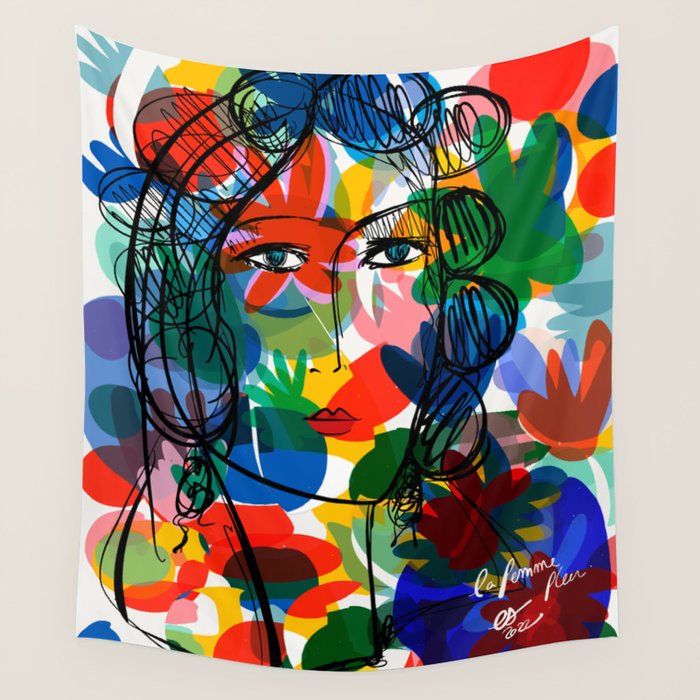 La femme aux fleurs portrait pop abstract by Emmanuel Signorino Wall Tapestry Gallery Image 4