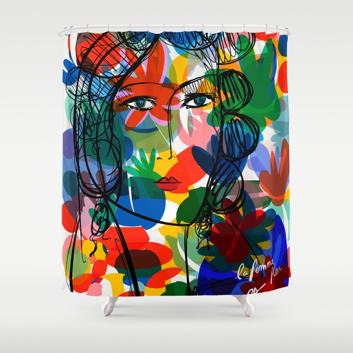 La femme aux fleurs portrait pop abstract by Emmanuel Signorino Shower Curtain Gallery Image 1