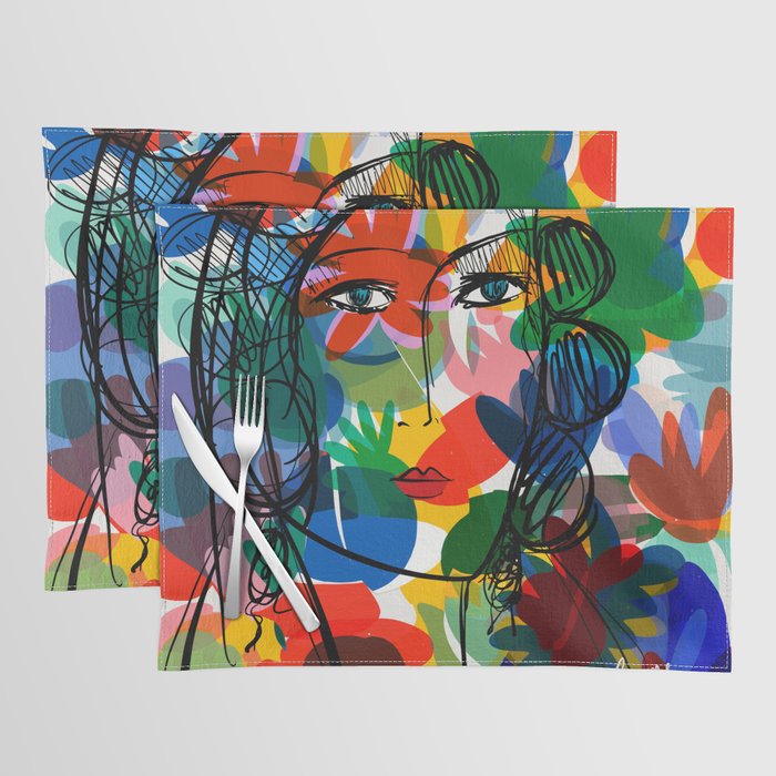 La femme aux fleurs portrait pop abstract by Emmanuel Signorino Placemat Gallery Image 1