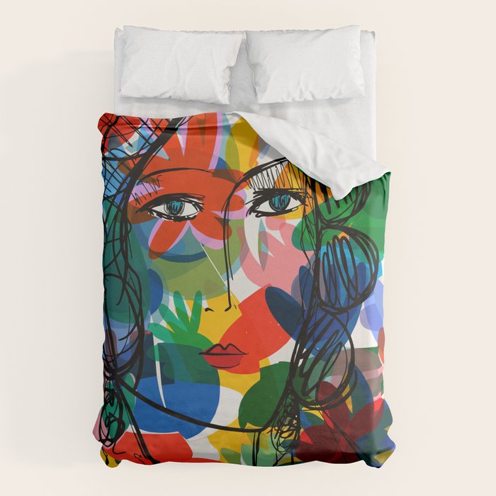 La femme aux fleurs portrait pop abstract by Emmanuel Signorino Duvet Cover Gallery Image 6