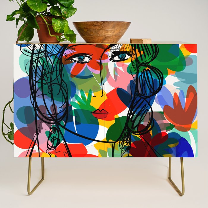 La femme aux fleurs portrait pop abstract by Emmanuel Signorino Credenza Gallery Image 1