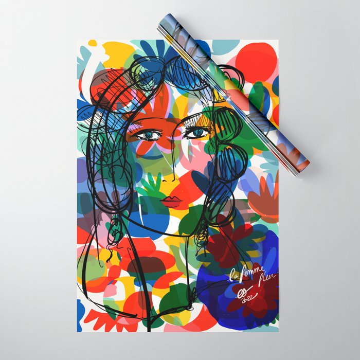 La femme aux fleurs portrait pop abstract by Emmanuel Signorino Wrapping Paper Gallery Image 1