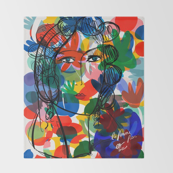 La femme aux fleurs portrait pop abstract by Emmanuel Signorino Throw Blanket Gallery Image 2