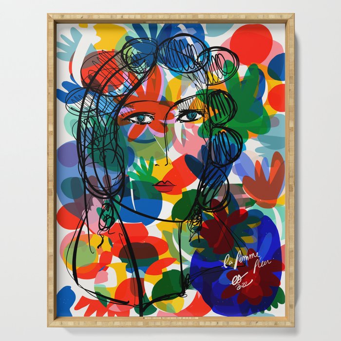 La femme aux fleurs portrait pop abstract by Emmanuel Signorino Serving Tray Gallery Image 1