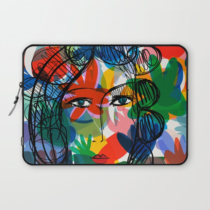 La femme aux fleurs portrait pop abstract by Emmanuel Signorino Laptop Sleeve Gallery Image 1