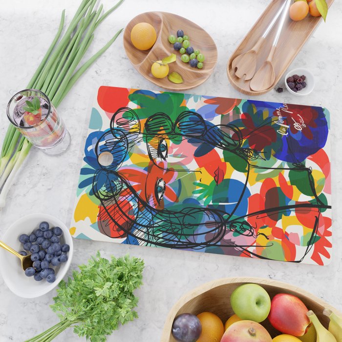 La femme aux fleurs portrait pop abstract by Emmanuel Signorino Cutting Board Gallery Image 2