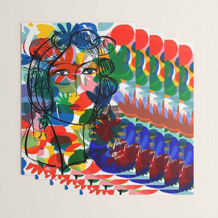 La femme aux fleurs portrait pop abstract by Emmanuel Signorino Wrapping Paper Gallery Image 3