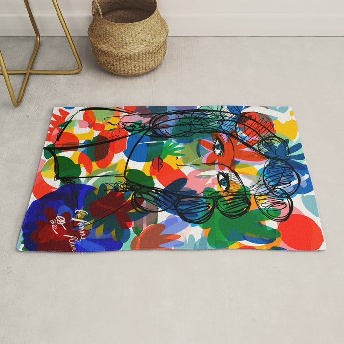 La femme aux fleurs portrait pop abstract by Emmanuel Signorino Rug Gallery Image 1