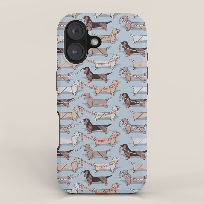 Origami Dachshunds sausage dogs // pale blue background iPhone Case Gallery Image 1