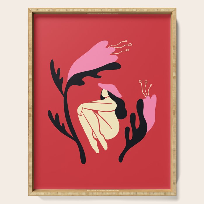 Retro 70s Mushroom Lady With Pink Flowers Serving Tray Gallery Image 1