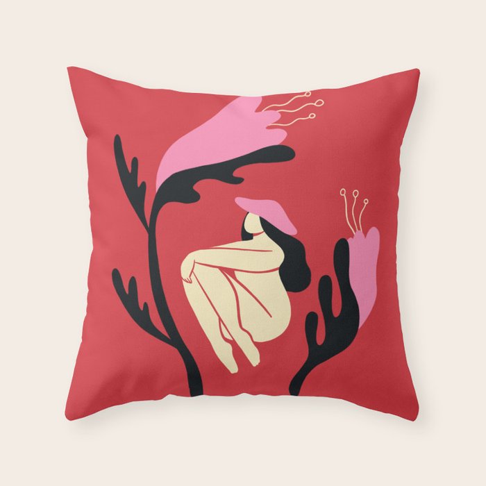 Retro 70s Mushroom Lady With Pink Flowers Throw Pillow Gallery Image 1