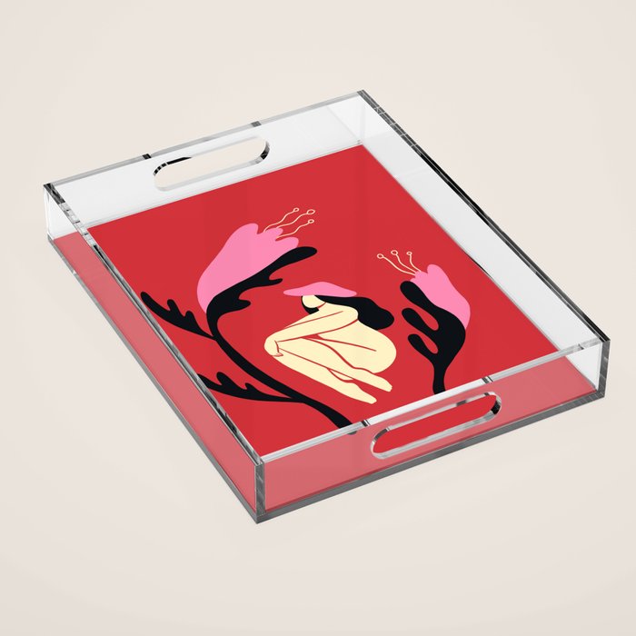 Retro 70s Mushroom Lady With Pink Flowers Acrylic Tray Gallery Image 1