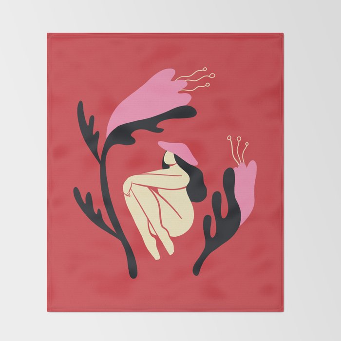 Retro 70s Mushroom Lady With Pink Flowers Throw Blanket Gallery Image 2