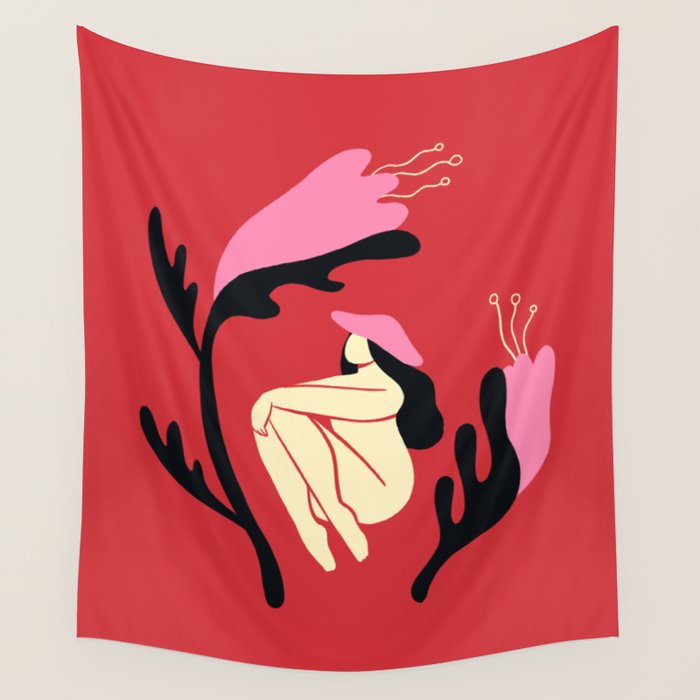 Retro 70s Mushroom Lady With Pink Flowers Wall Tapestry Gallery Image 1