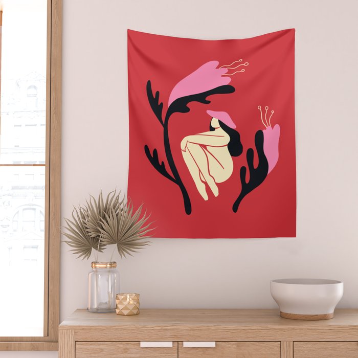 Retro 70s Mushroom Lady With Pink Flowers Wall Tapestry Gallery Image 2