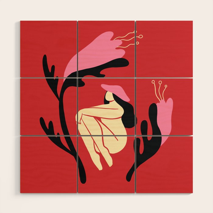 Retro 70s Mushroom Lady With Pink Flowers Wood Wall Art Gallery Image 1