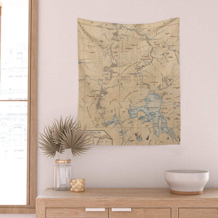Vintage Map of Yellowstone National Park (1889) Wall Tapestry Gallery Image 2