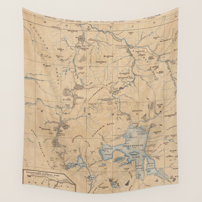 Vintage Map of Yellowstone National Park (1889) Wall Tapestry Gallery Image 1