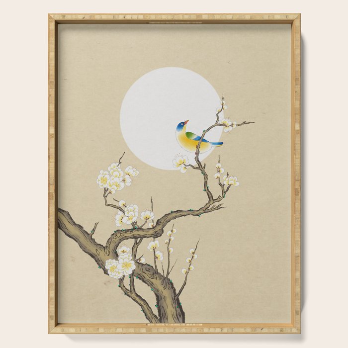 Plum blossoms, bird and the moon Type A (Minhwa: Korean traditional/folk art) Serving Tray Gallery Image 1