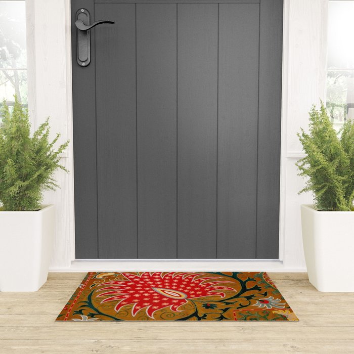 Detail of Shakhrisyabz Suzani Floral Textile Welcome Mat Gallery Image 3