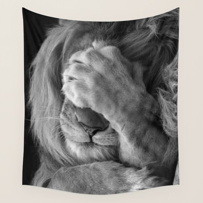 Even Lions Have Bad Days - The Lion Sleeps Tonight black and white photograph  Wall Tapestry Gallery Image 1