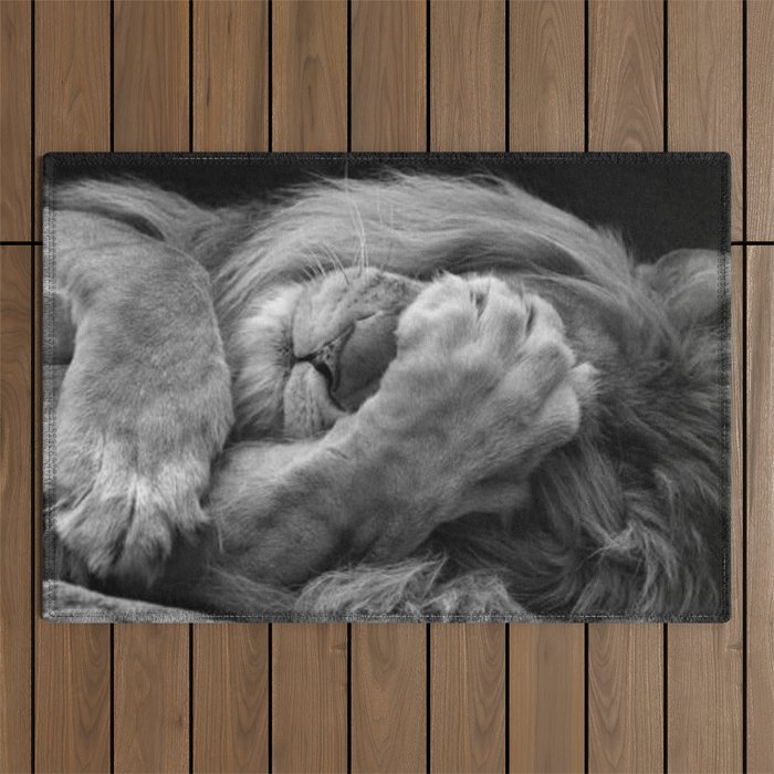 Even Lions Have Bad Days - The Lion Sleeps Tonight black and white photograph  Outdoor Rug Gallery Image 1