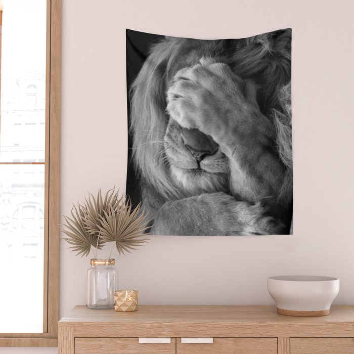 Even Lions Have Bad Days - The Lion Sleeps Tonight black and white photograph  Wall Tapestry Gallery Image 2
