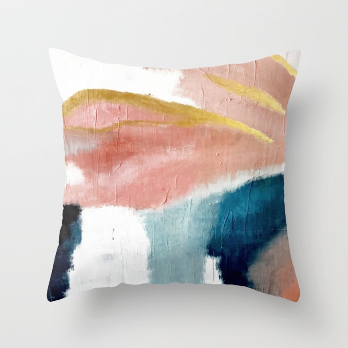Exhale: a pretty, minimal, acrylic piece in pinks, blues, and gold Throw Pillow Gallery Image 6